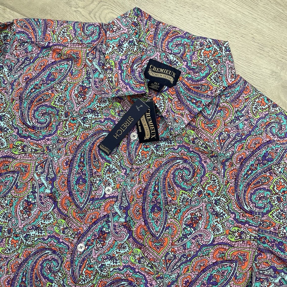Cremieux Shirt Mens XLT Tall Purple Blue Paisley Short Sleeve Button Up New